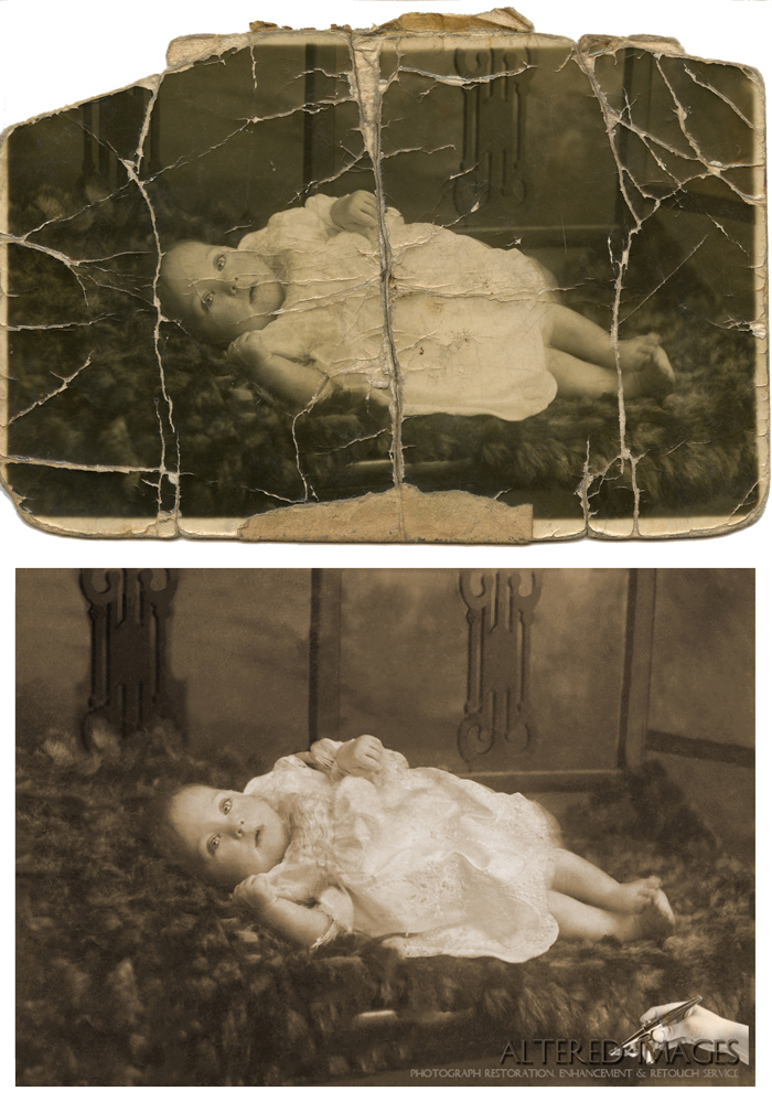 Badly damaged photograph of a baby